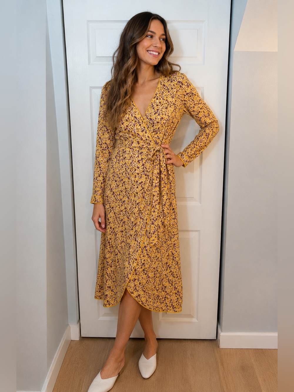 Time and Tru Yellow Purple Floral Wrap Midi Dress Women’s Large NWT